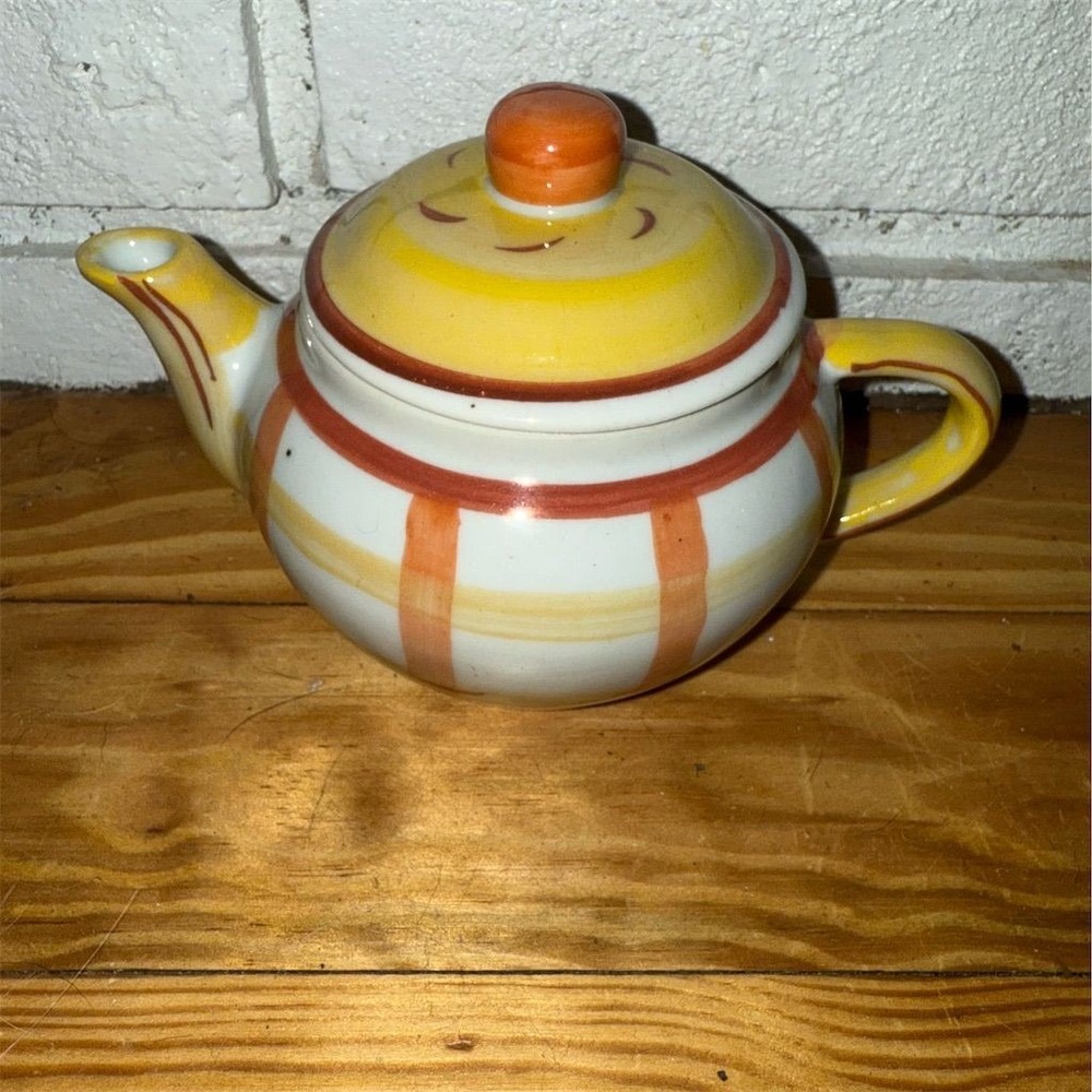 Vintage Teapot w/ Lid Yellow Orange Plaid‎ Design ceramic MCM